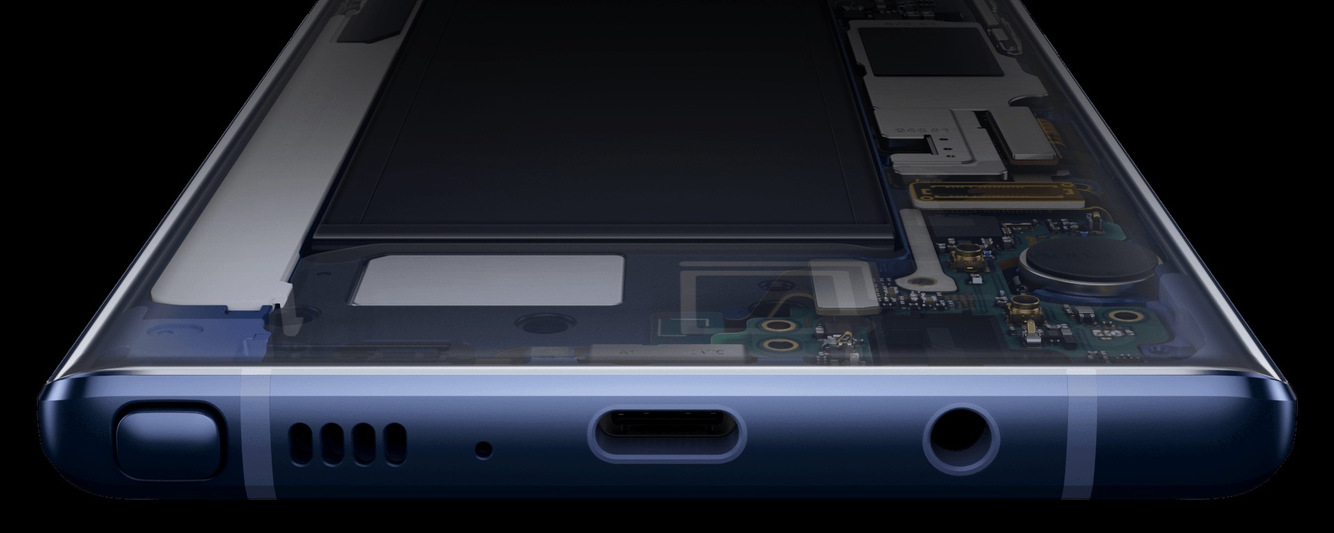 Simulated X-ray image of hardware inside Galaxy Note9, viewed from the bottom