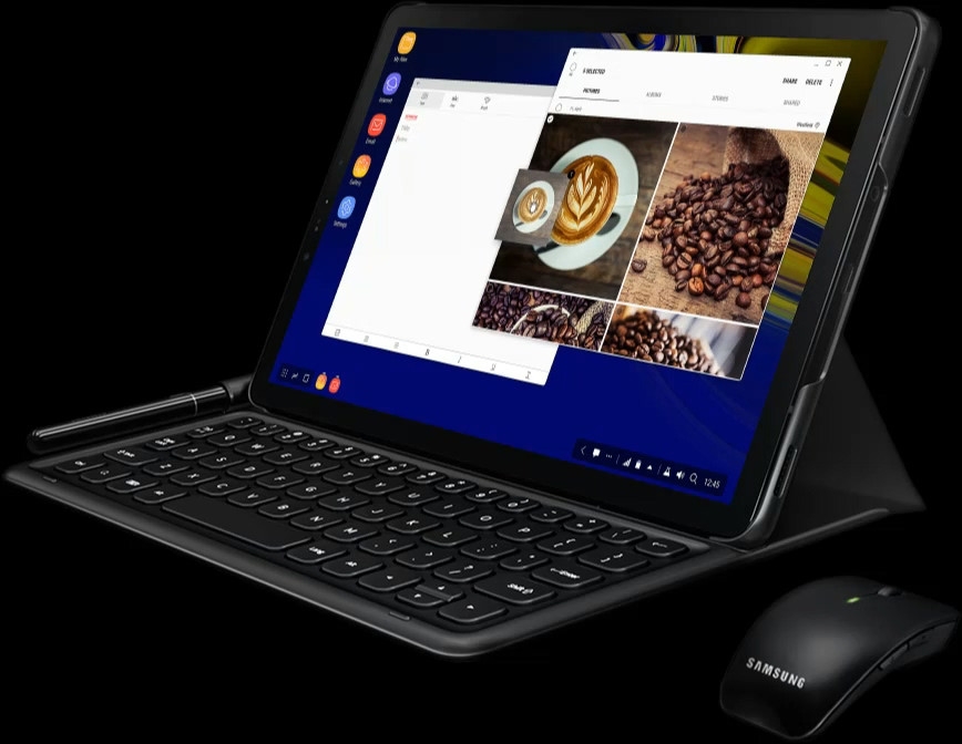 Galaxy Tab S4 with keyboard, S Pen and wireless mouse, displaying Samsung Dex on the tablet screen.