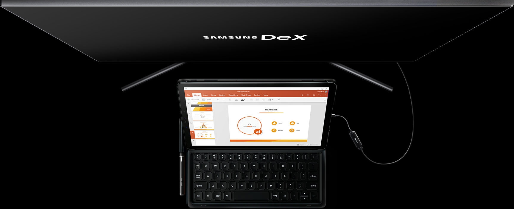 Galaxy Tab S4 with keyboard connected to a large monitor displaying Samsung Dex. A DeX Cable connects the two devices.