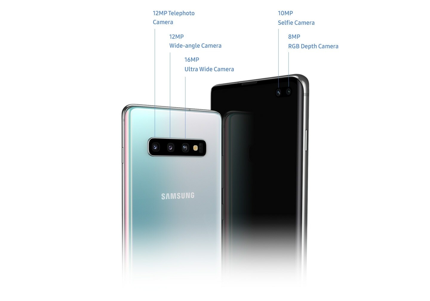 Two Galaxy S10 plus phones. One phone is seen from the back, showing the triple rear camera including 12MP Telephoto Camera, 12MP Wide-angle Camera and 16MP Ultra Wide Camera. The other phone is seen from the front, showing the dual front camera including 10MP Selfie Camera and 8MP Depth Camera.