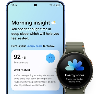 Galaxy S25 plus is seen from main screen. Now Brief is active. The Morning Insight shows today's Energy Score which has also been synced to Galaxy Watch.