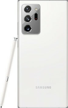 Galaxy Note20 Ultra 5G in Mystic White seen from the rear. The matching S Pen is leaning against the side.