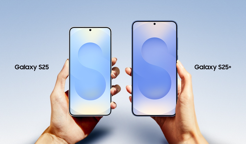 Galaxy S25 in Icyblue and the larger Galaxy S25 plus in Navy are both being held and seen from the main screen.