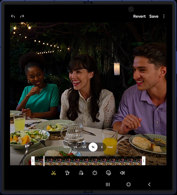 A video has been shot and is being edited on the large main screen of an unfolded Galaxy Z Fold7.