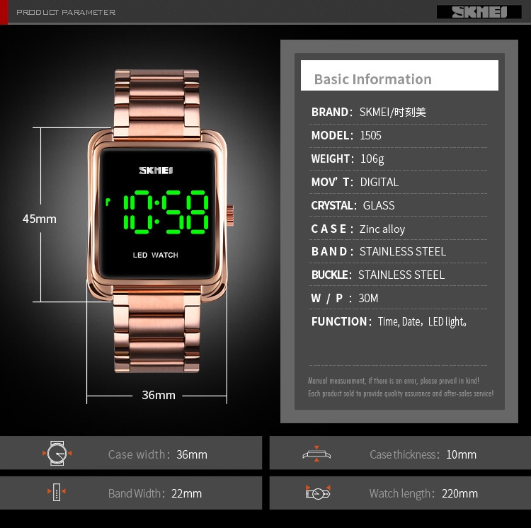 SKMEI 1505 LED Digital Watch Mens Waterproof Date Men Digital Wristwatches Stainless Steel Strap Thin Electronic Clock Fashion