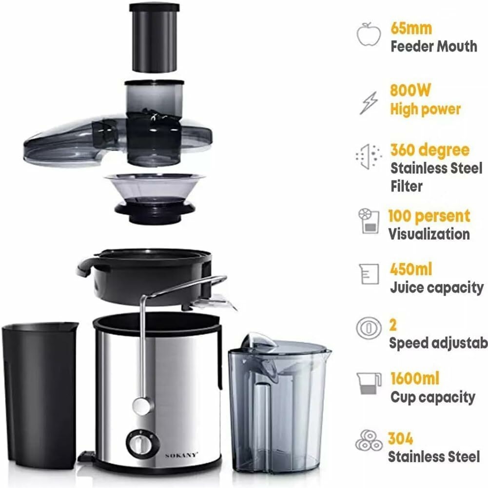 SOKANY Juicer with 800W Motor, 2-Speed Setting, Big Wide Mouth Centrifugal Juicer for Vegetable and Fruit, Easy to Clean, Red (Silver,4000) Product Image 6