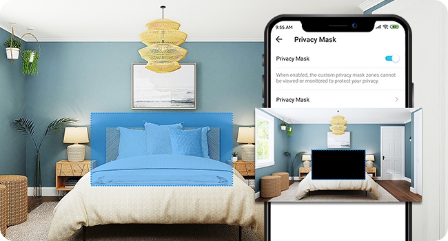 Mobile app interface screenshots showing room layout or furniture arrangement features. Blue and white color scheme with furniture illustrations.