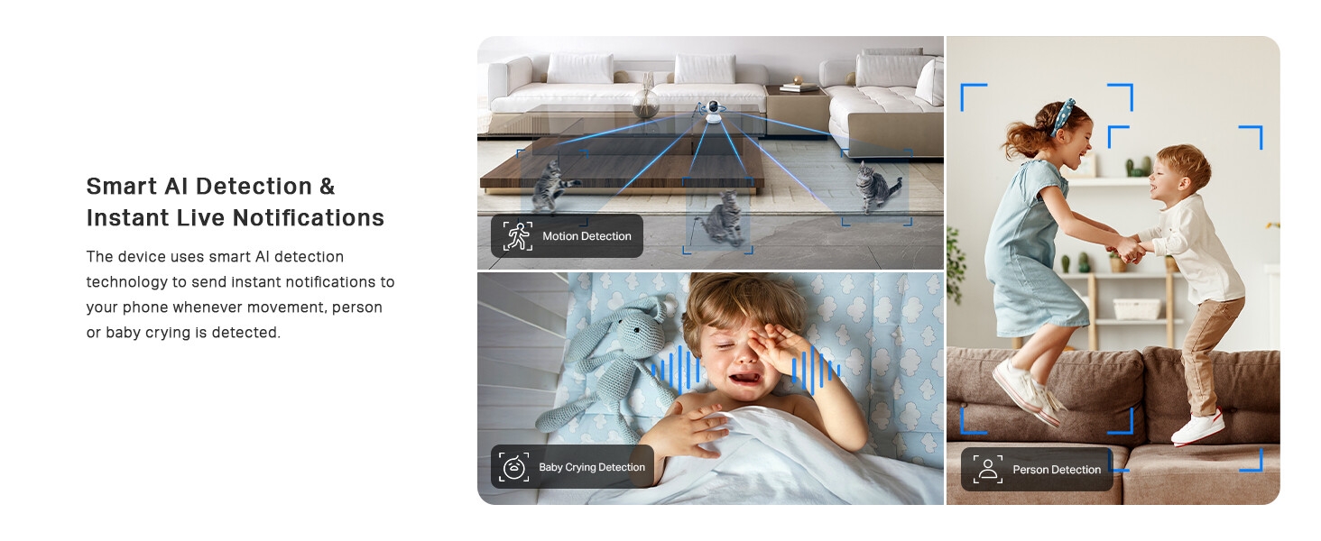 Text reads: 'Smart AI Detection & Instant Live Notifications'. Three-panel image showing baby monitor features with AI detection interface and parent monitoring scenarios.