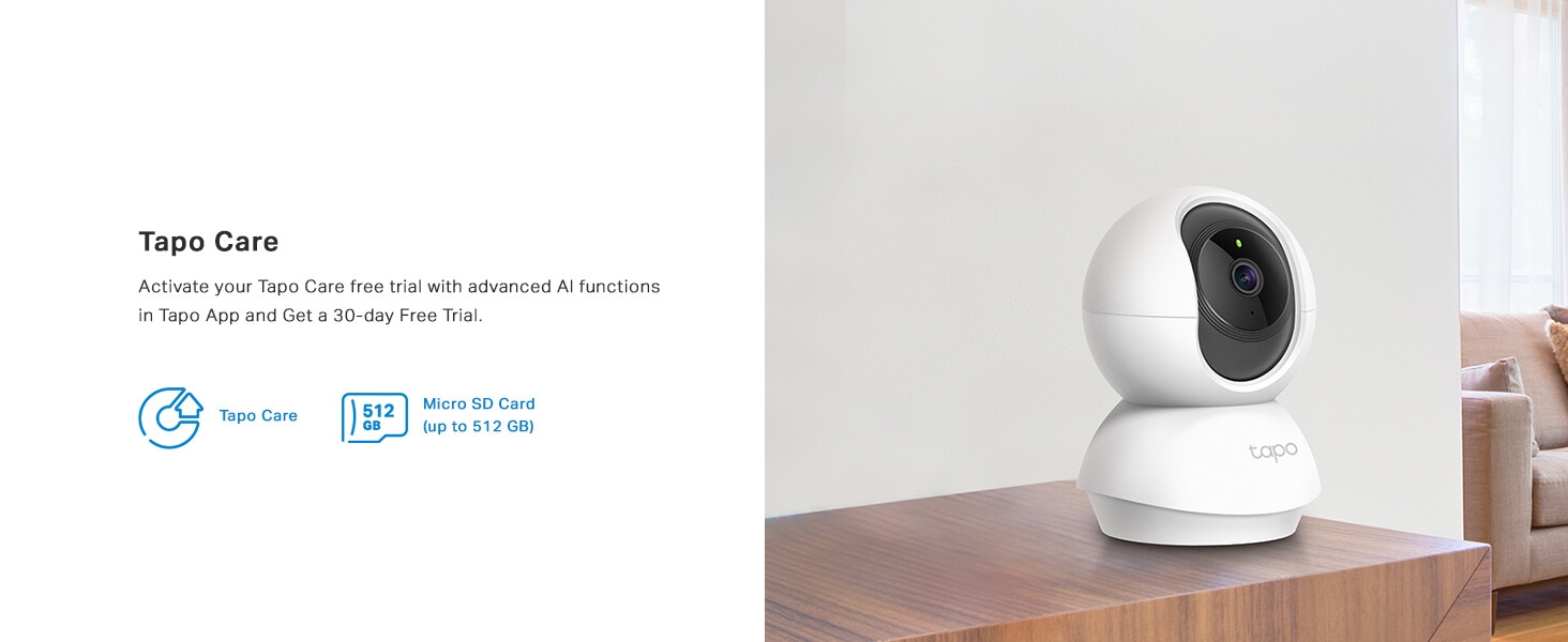 White spherical smart device or security camera with text elements and interface controls visible.