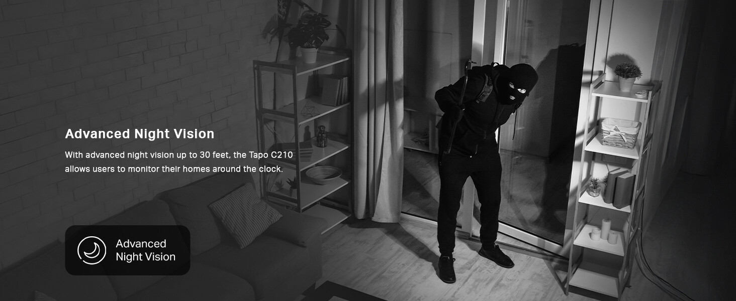 Text reads 'Advanced Night Vision'. Black and white surveillance-style footage showing interior spaces with enhanced visibility in low light conditions.