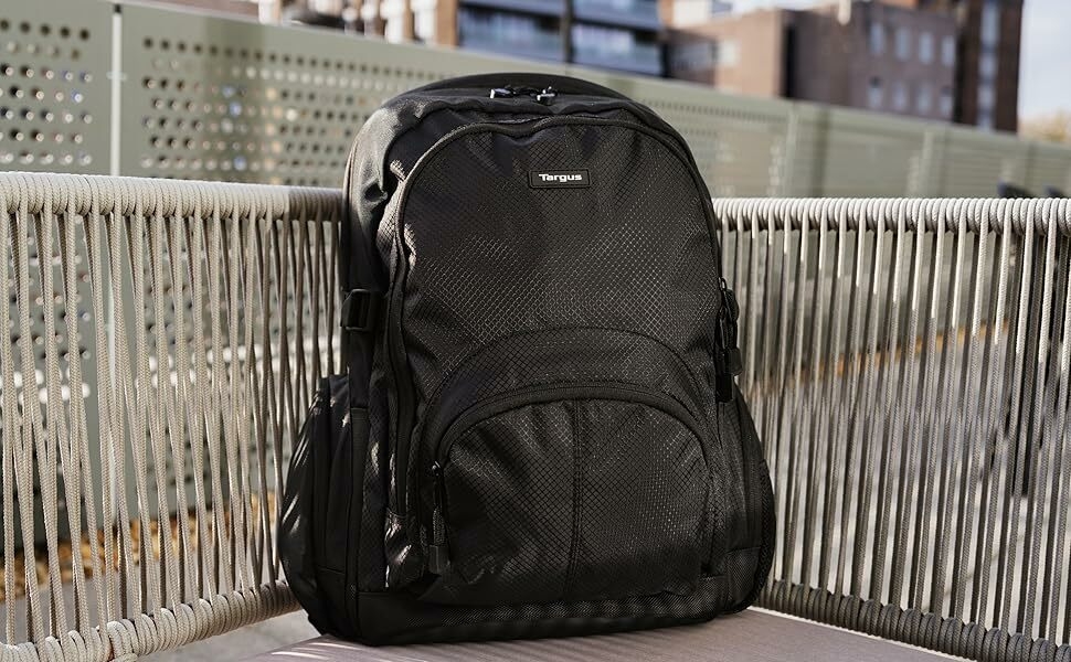 Targus black backpack on chair on office balcony