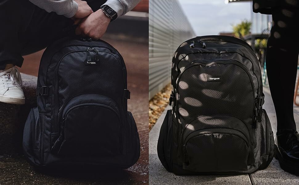 Targus black laptop backpack close up 2 images showing detail and texture