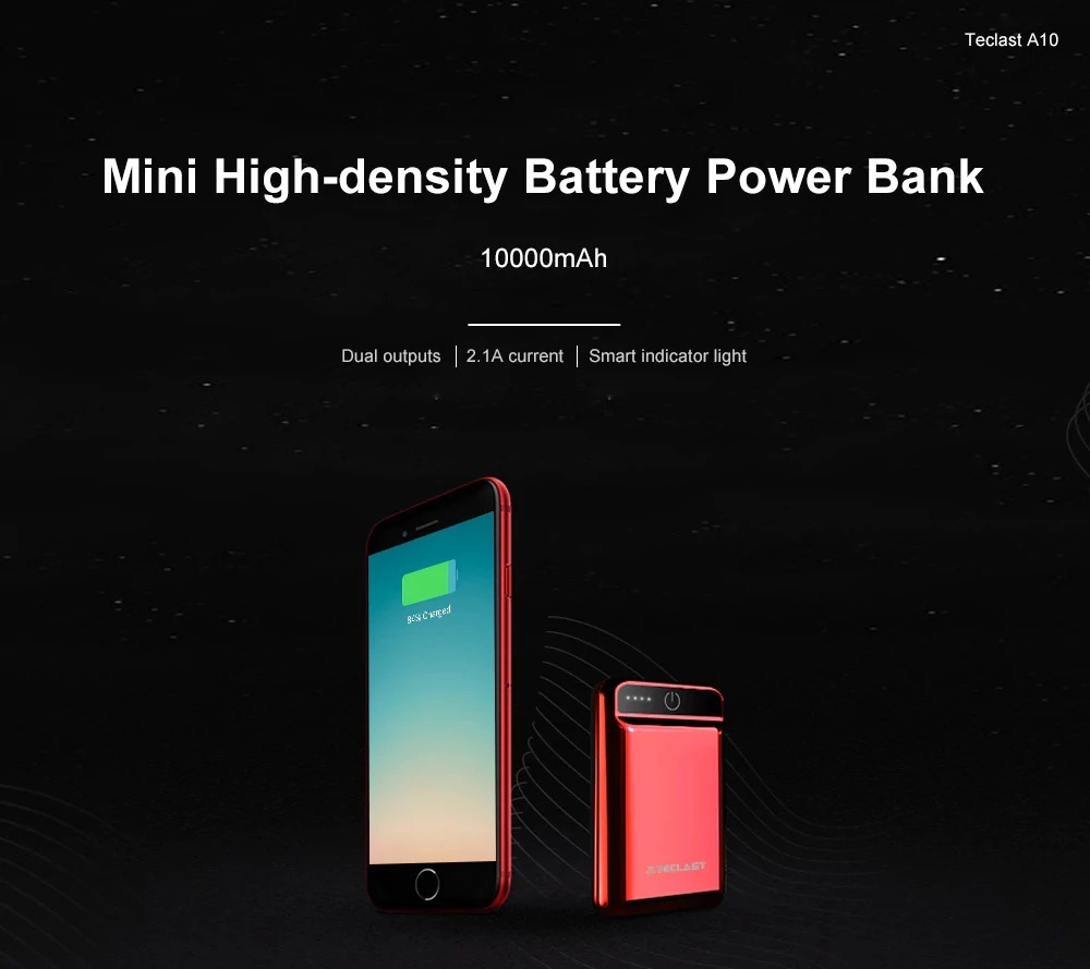 Teclast A10 10000mAh Power Bank Dual USB Ports 2.1A Quick Charge LED Indicator - Gray