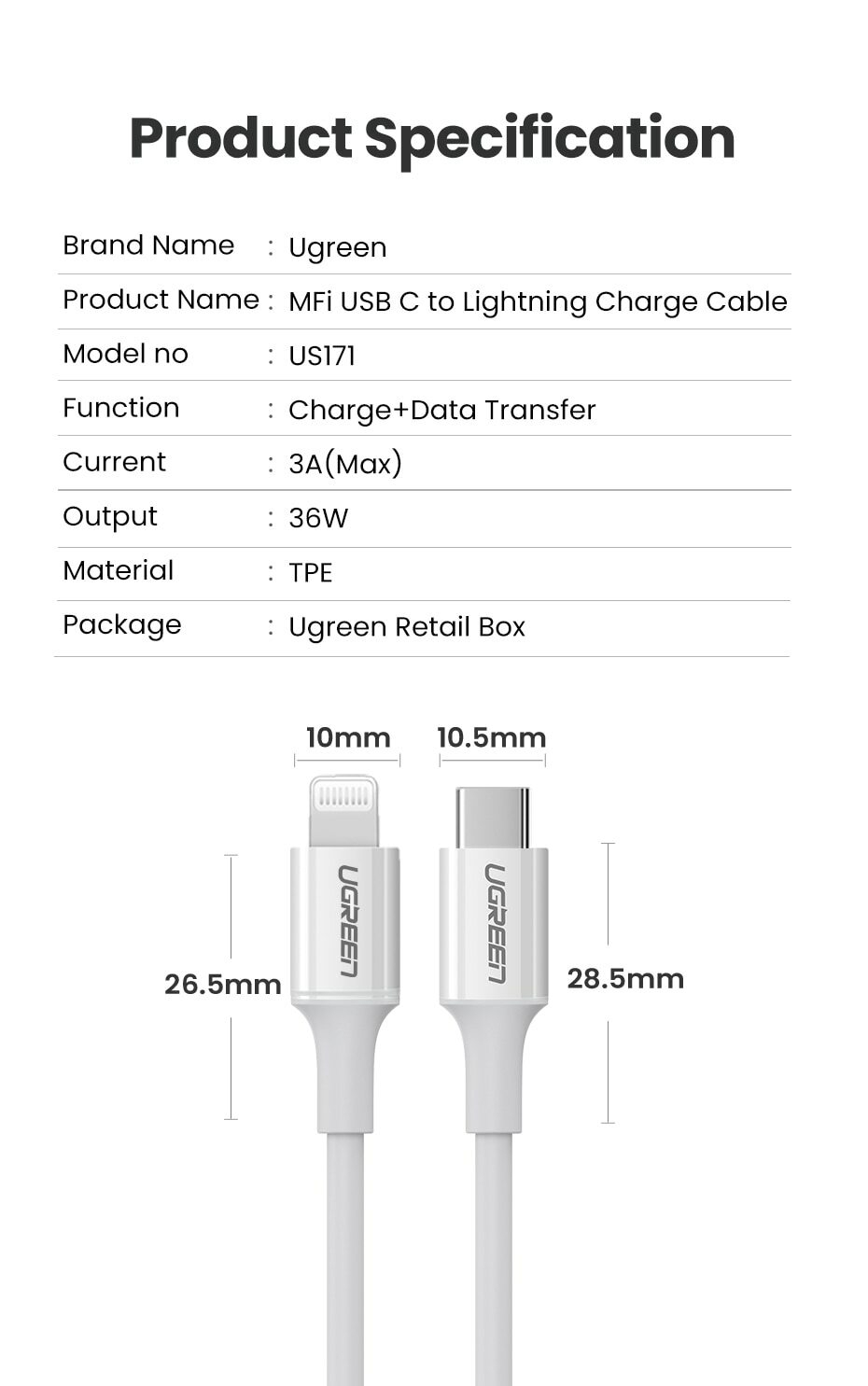Ugreen cable MFi USB Type C - Lightning 20W 3A 1.5 m white (US171