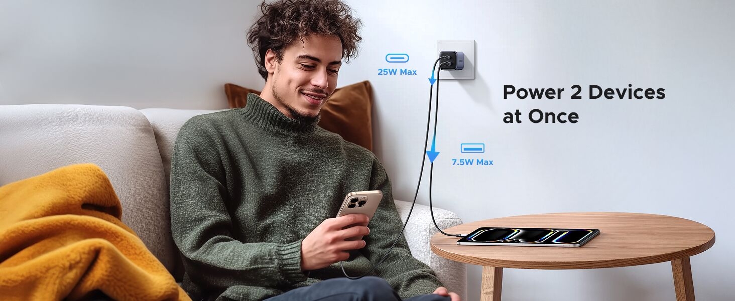 The 35w charger can charge two devices at the same time.