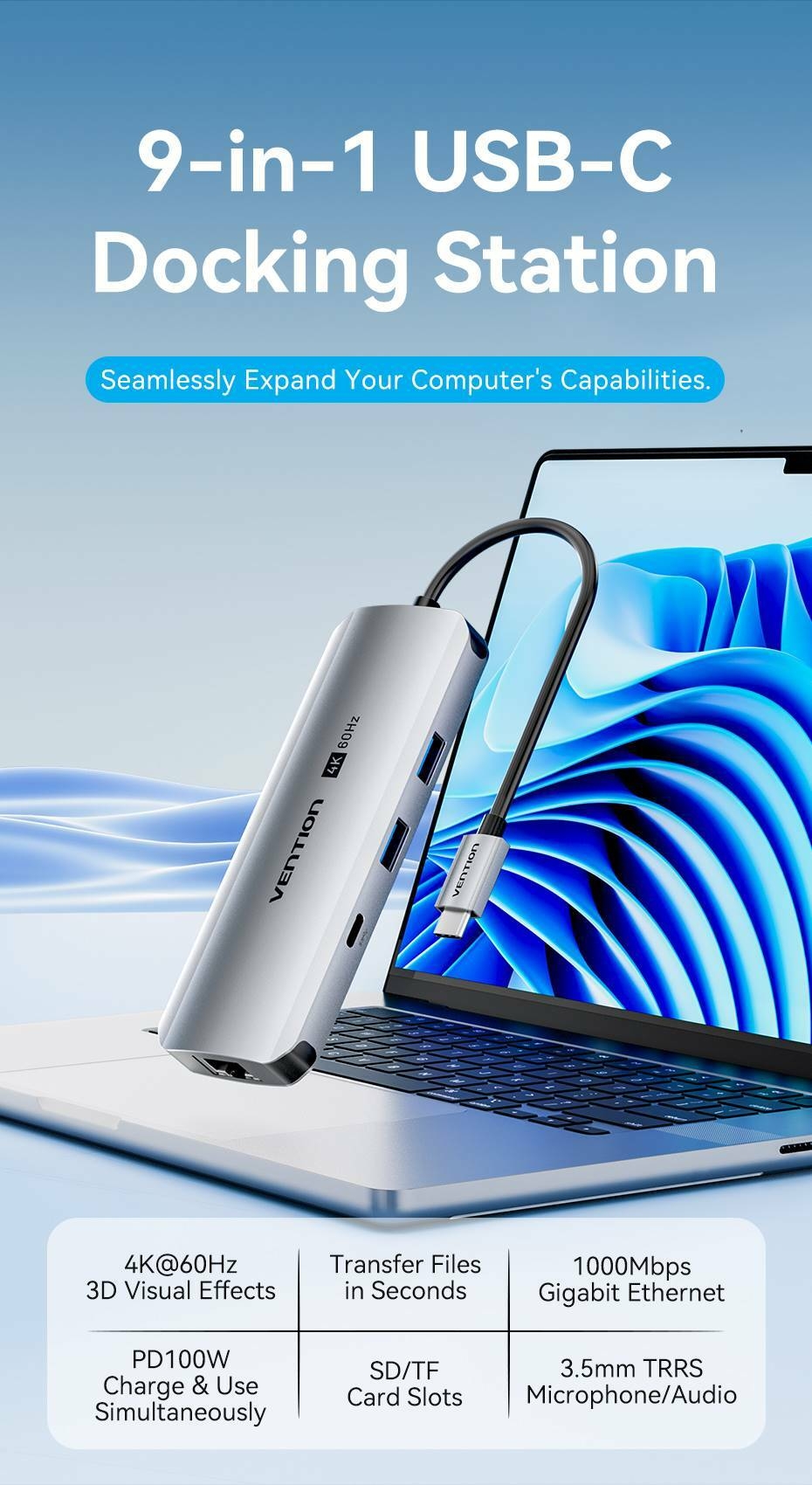 USB-C to HDMI/USB-C Gen 1/USB 3.0 x 2/RJ45/SD/TF/TRRS 3.5mm/PD Docking Station