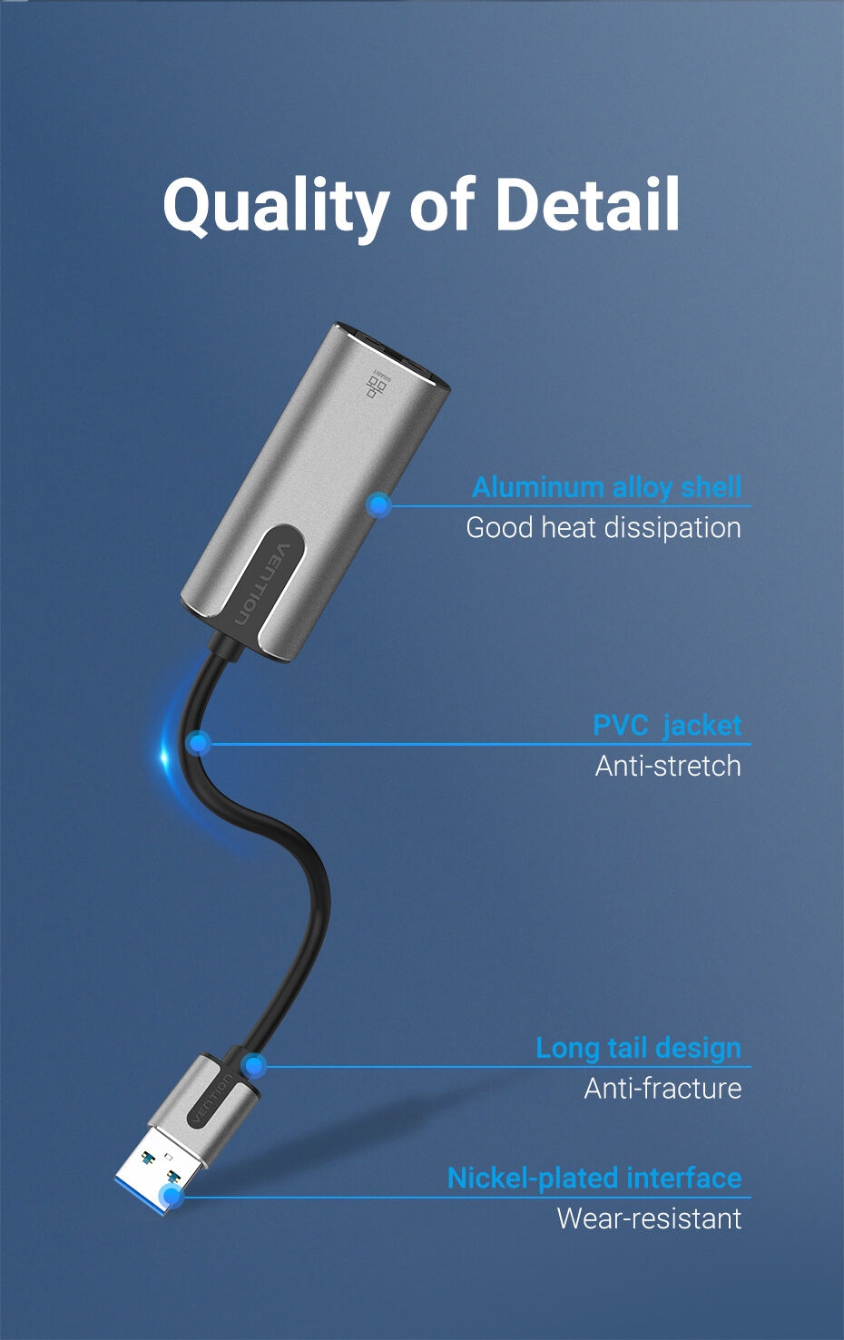 Vention USB 3.0-A to Gigabit Ethernet Adapter Gray 0.15M Aluminum Alloy Type