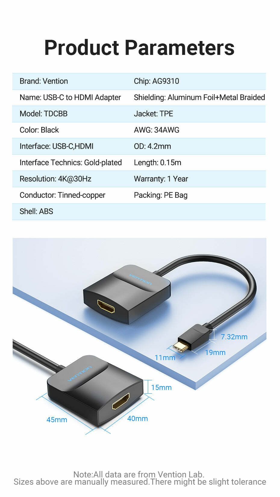Type-C to HDMI Adapter 0.15M Black ABS Type