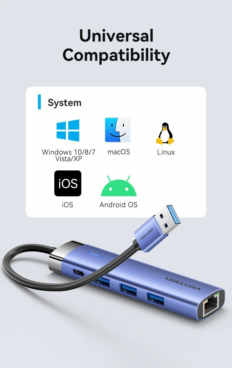 USB 3.0 to USB 3.0 x 3/RJ45/USB-C Hub 0.15M Blue Aluminum Alloy Type