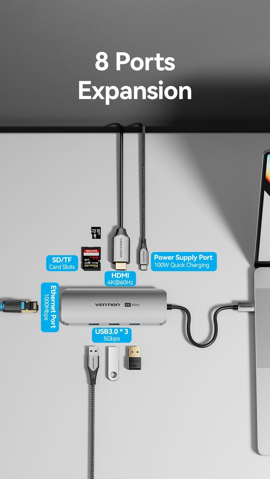 USB-C to HDMI/USB 3.0 x 3/RJ45/SD/TF/PD Docking Station