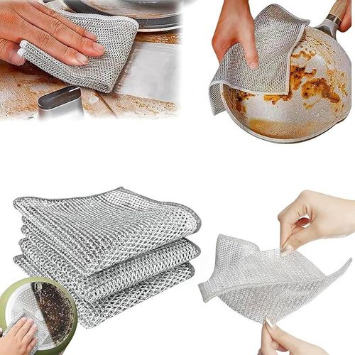 10PC Multipurpose Wire Dishwashing Rag - Double-Sided Non-Scratch Silver Cleaning Pads for Pots Pans and Countertops