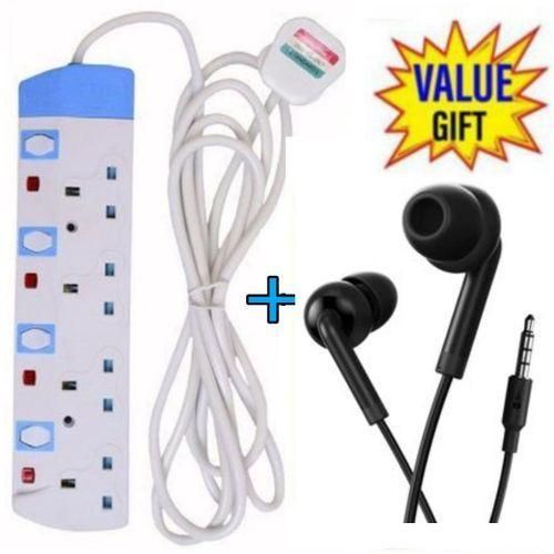 Power King Top Quality 3M 4 Way Power Extension + Free Oraimo Earphones