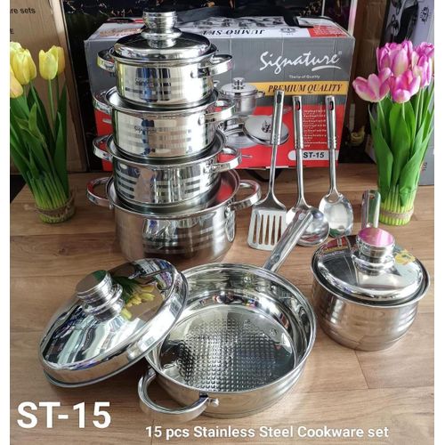 15-Piece Stainless Steel Cookware Set With Induction Base and Tempered Lids for Home Cooking