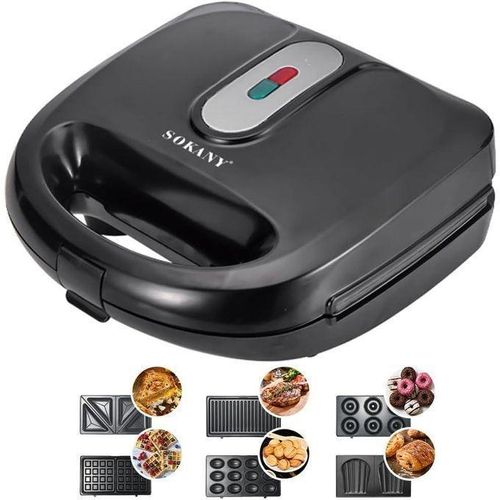 6-in-1 Multifunctional Device 750 W Sandwich Maker Waffle Iron Contact Grill Doughnut Maker And More Non-Stick Coated Plates Double-Sided Baking Automatic Temperature Control