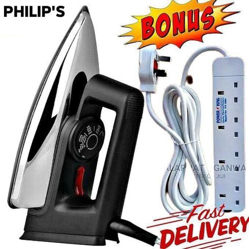 High Quality Electric Dry Iron Box 1000W With Titanium Teflon Non-Stick Soloplate // IronBox + FREE 4 Way Power Extension Cable Socket