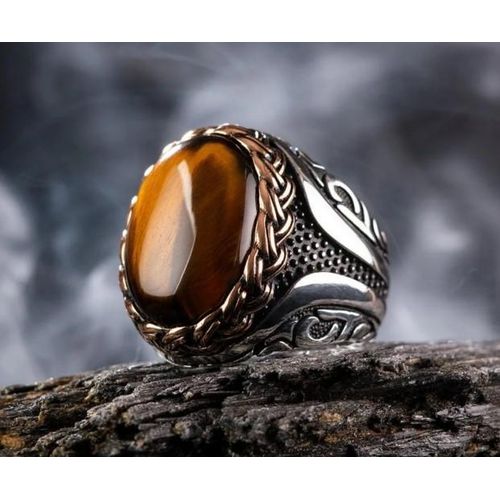 Brown tiger eye stone men and women retro new trend ring Turkish handmade spiral carving ring party niche jewelry