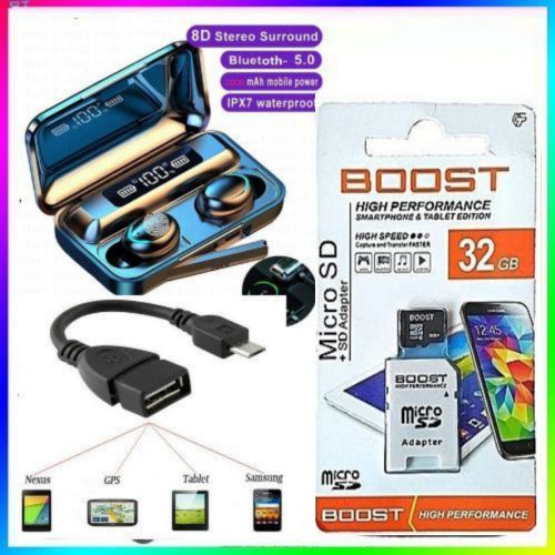 F9 -Wireless Headphones Affordable Airpods & 32Gb Memory Card+ OTG