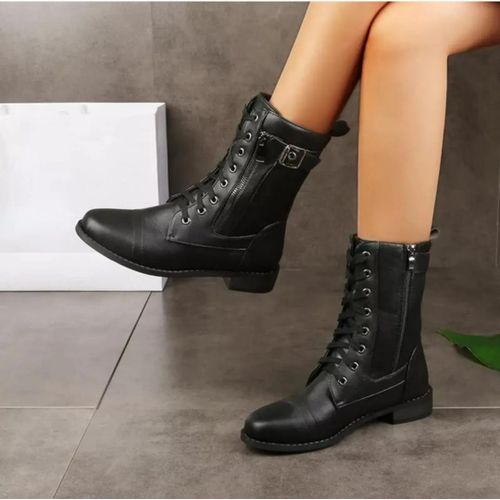 Women’s Combat Boots – Lace-Up Ankle Boots with Side Zipper, Low Heel, Fashion Casual Shoes