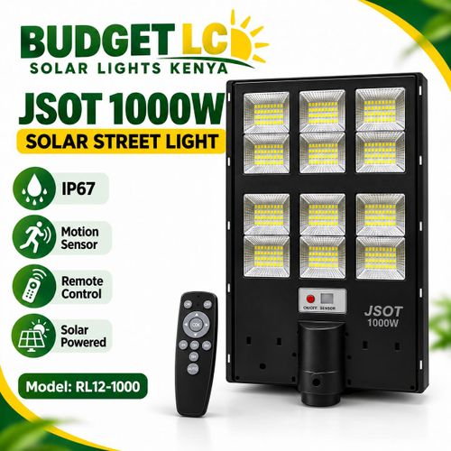1000W Solar Street Light RL12-1000 – IP67 Waterproof LED Floodlight With Solar Panel, Motion Sensor & Remote Control – Black