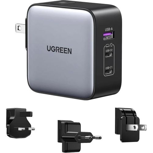 65W 3-Port GaN Fast Charger with Interchangeable UK/US/EU Plugs - CD296