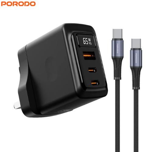 GaN 65W Multi-Port Wall Charger with 1M USB-C Cable Fast Charging Laptop Charger and Real-Time Power Display - Black