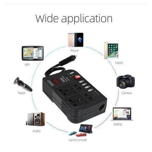 300W Car Inverter: Fast Charge On The Go DC 12V To AC 220V, 4 USB Ports, 2 Universal Sockets, LED Display. Universal Car Laptop Charger With Extra Fuse. Stay Powered Anywhere