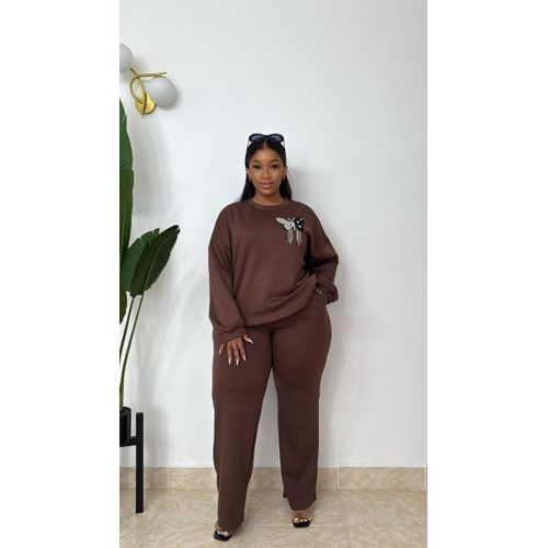 Chocolate Brown James Plus Size 2 Piece Curvy Women Sexy Short Sleeve Tops Casual Wide Leg Pants Sweat suits Sets