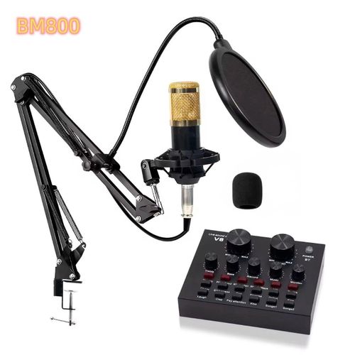 BM800 Studio Condenser Microphone Kit with V8 Sound Card USB Adjustable Stand Pop Filter Shock Mount for Professional Podcasting, Gaming, and YouTube