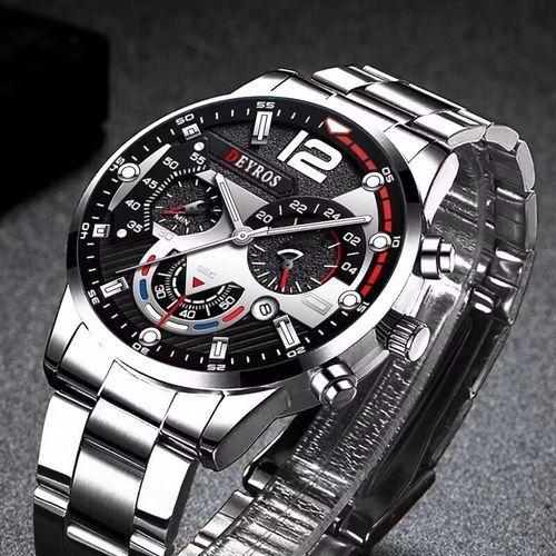 Mens Stainless Steel Quartz Watches Calendar Wristwatch Silver