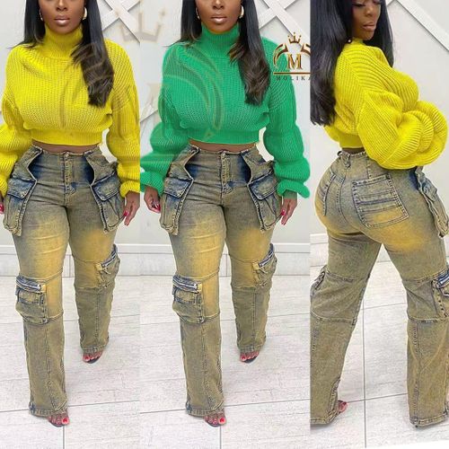 Golden Dirt Brown Multi Side Pockets Wash Straight Women Jeans Pants