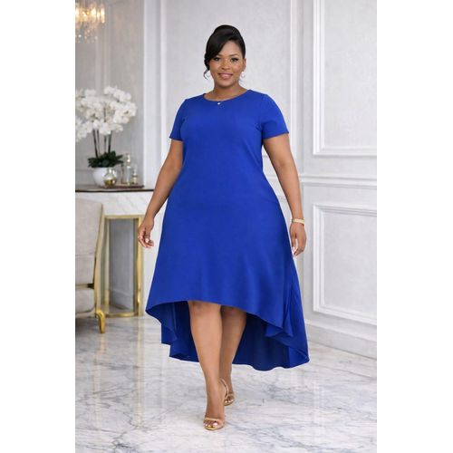 Blue VERO MODA High Low O-neck Women Plain A-shaped Midi Dress