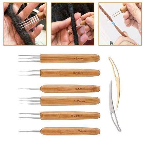 6Pcs Bamboo Handle Crochet Hook Hair Braiding Tool Dreadlock