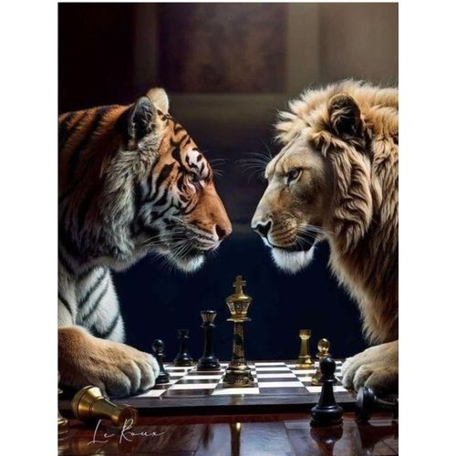 Lion vs Tiger Chess Canvas Wall Art Strategy Animal Artwork Decor