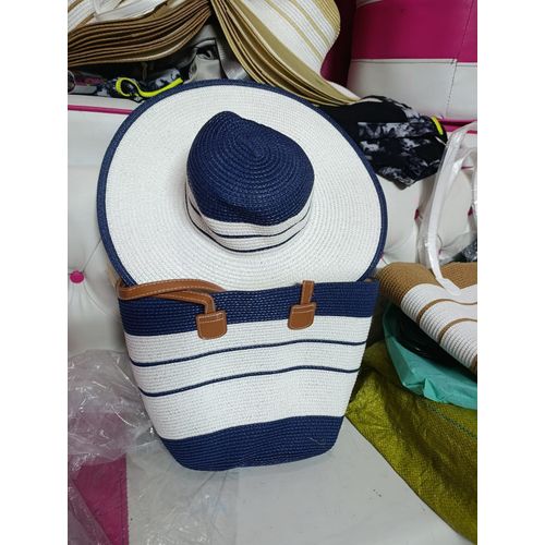 Beach Hat & Tote Bag Set (Blue & White)