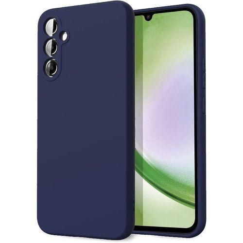 (Samsung Galaxy A24) Shockproof Liquid Silicone Back Case Cover with Fur Lined Interior and Full Camera Cover (Navy)