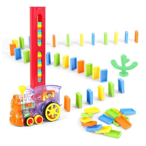 Battery Operated Domino Train Set with 60 Colorful Blocks, Automatic Laying Train, Lights & Sounds for Kids 3+ Years