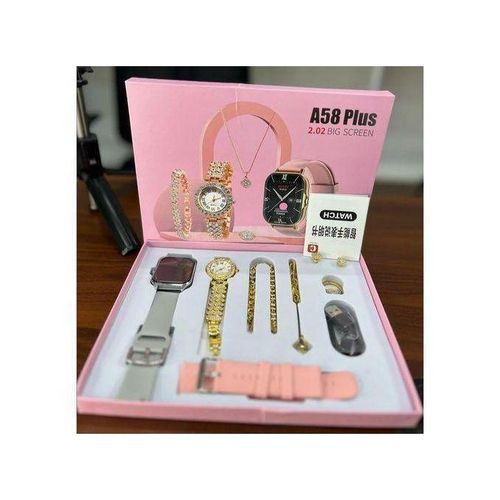 Smart Watch A58 Plus Series Supports Bluetooth Call Ultra, Wireless Charging, Long Endurance Sleep Monitoring + Additional Women's Diamond Set Small Gold Watch Set Gift Box, Necklace, Earrings, Bracelet, Ring, Analog Watch, Smartwatch