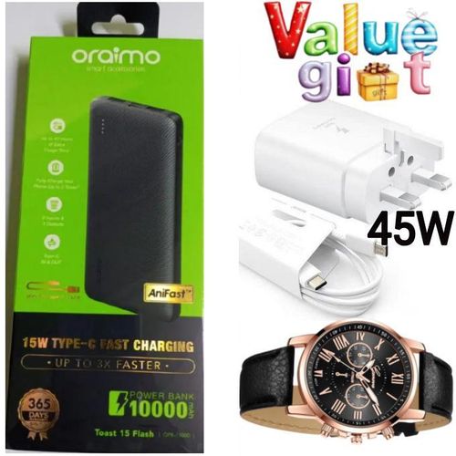 Longlasting 10000MAh Portable Fast PowerBank For All Smartphones & KabambePhone +BONUS FAST Charger Type C 45W , Watch - Black