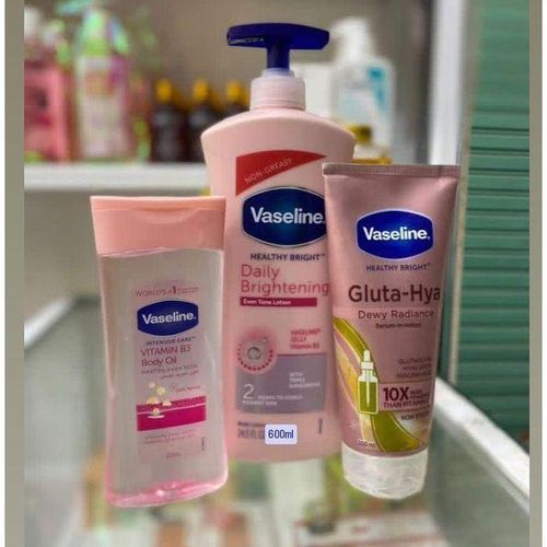 Vaseline 3 in 1 Daily Brightening Package - Intensive Care Vitamin B3 Body Oil Daily Brightening Even Tone Lotion Gluta-Hya Dewy Radiance Serum Burst Lotion - Complete Brightening Set Kenya