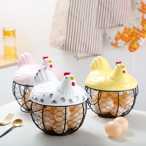 Stylish Metal Wire Egg Basket with Ceramic Chicken Cover & Handles